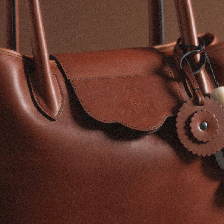 HEIGS Rosette Charm in Fauve — leather bag charm in Fauve, designed in Switzerland